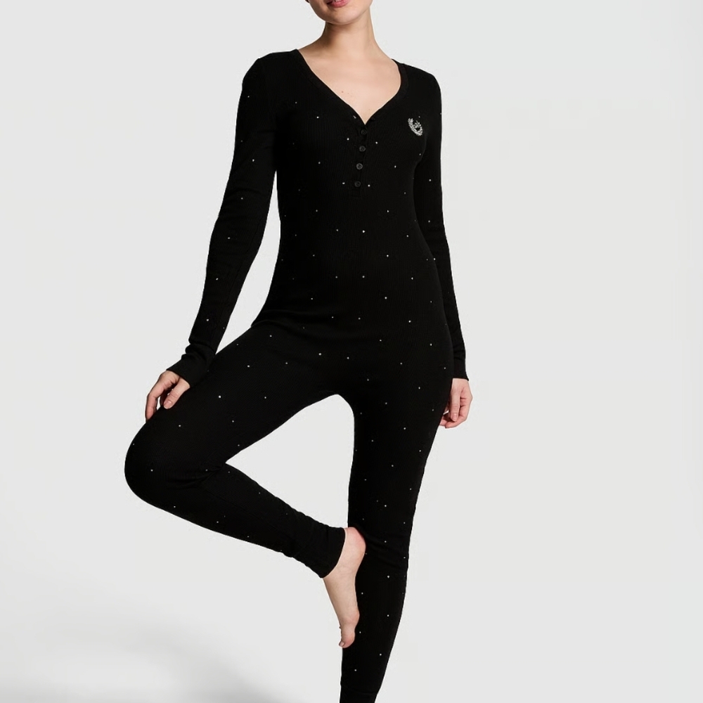Women's Black Long Sleeve Sleepwear Onesie